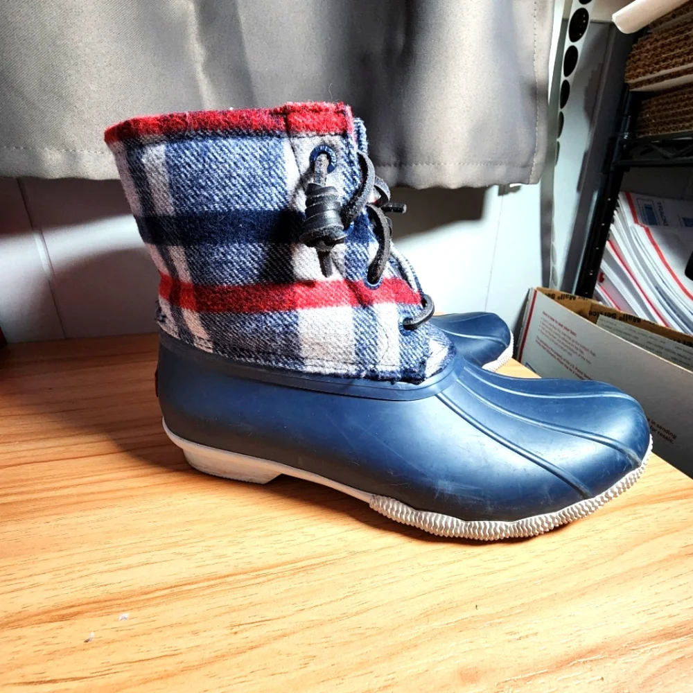 Sperry Plaid and Blue Duck Boots Size 6